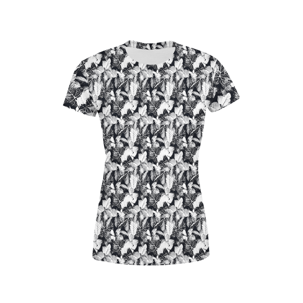 Women's Black White Leaves T-Shirt