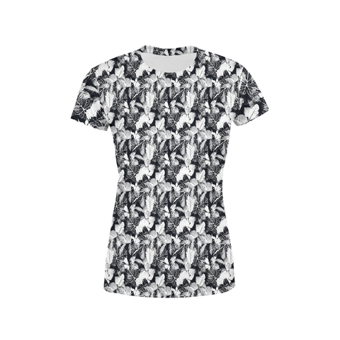 Women's Black White Leaves T-Shirt