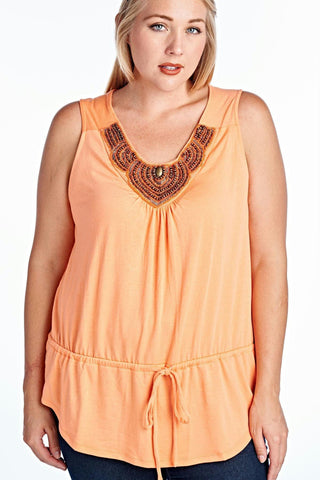 Women's Plus Size Tie Waist Tank with Beaded Appliqué