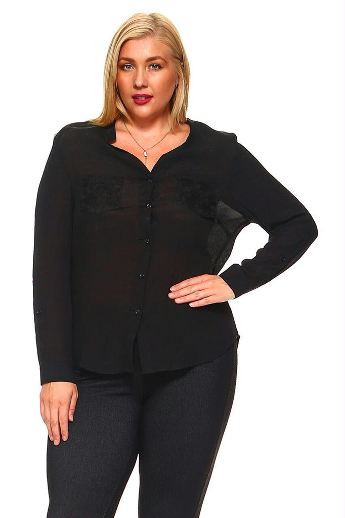 Women's Plus Size Button Down Long Sleeve With Flower-Printed Mesh Inserts