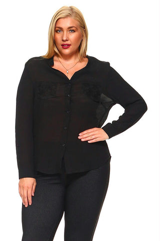 Women's Plus Size Button Down Long Sleeve With Flower-Printed Mesh Inserts