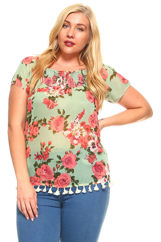Women's Plus Size Printed Floral Elastic Tassel Top