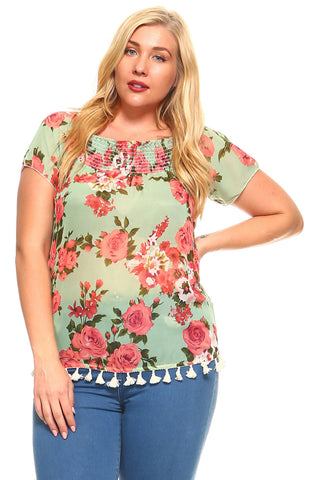 Women's Plus Size Printed Floral Elastic Tassel Top