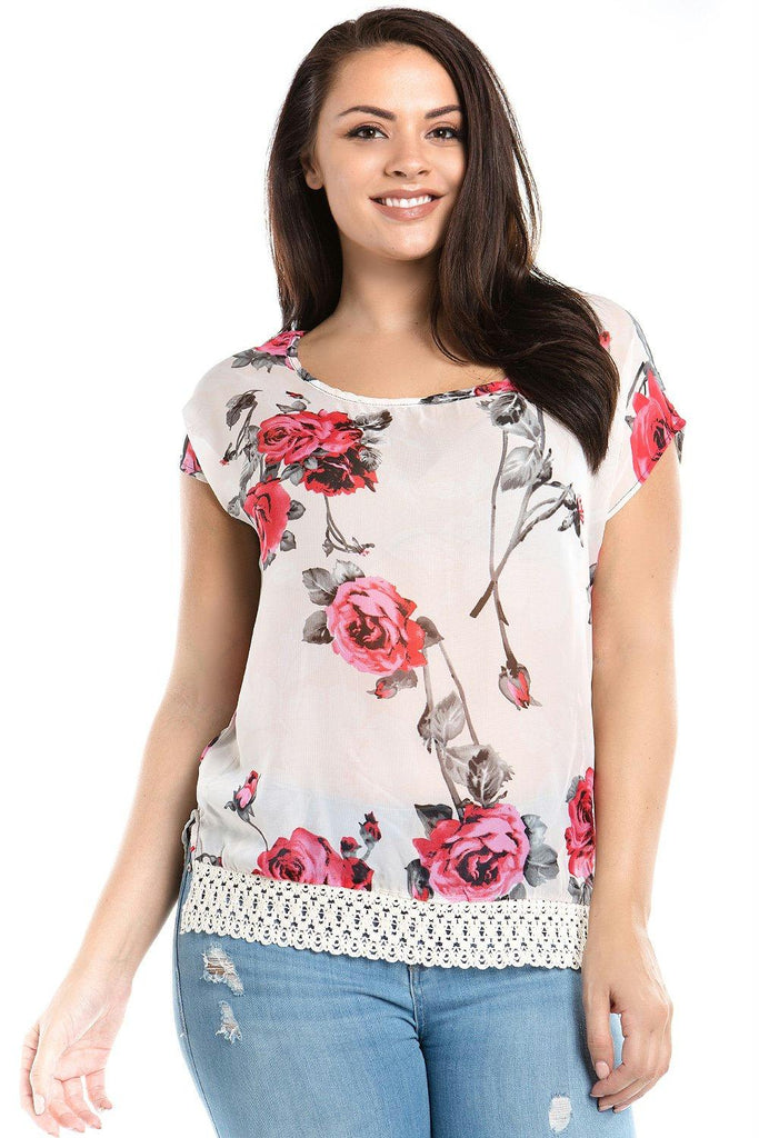 Women's Plus Size Floral Print Crochet Trim Top