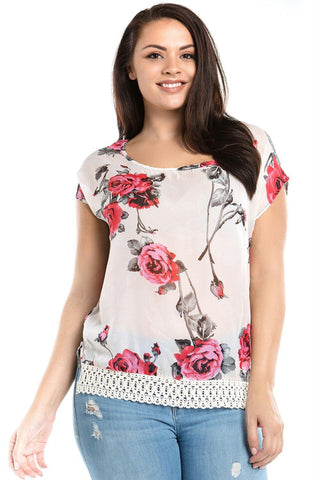 Women's Plus Size Floral Print Crochet Trim Top