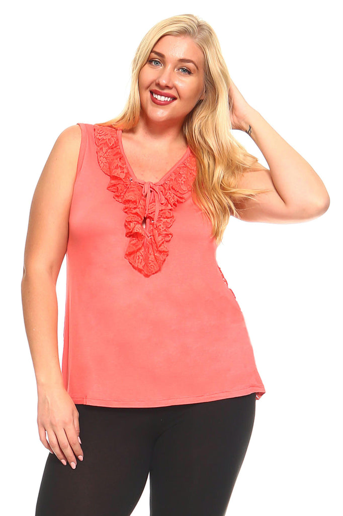 Women's Plus Size Sleeveless Top With Lace Detail and Ruffled Tie-Up Front