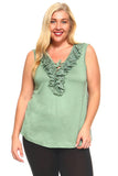 Women's Plus Size Sleeveless Top With Lace Detail and Ruffled Tie-Up Front