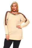 Women's Plus Size Knit Sweater Top With Animal Print and Embellished Neck Detail