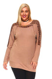 Women's Plus Size Knit Sweater Top With Animal Print and Embellished Neck Detail