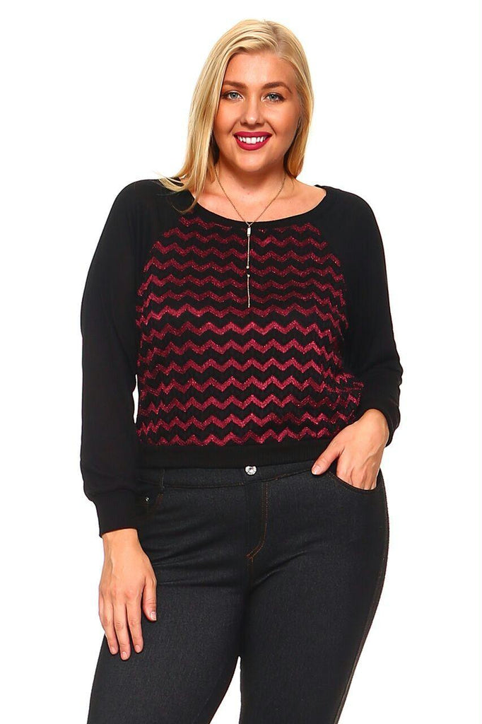 Women's Plus Size Cropped Sweater Top With Metallic Jagged Lines