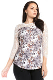 Women's Plus Size 3/4 Three Quarter Lace Sleeve Floral Print Top