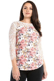 Women's Plus Size 3/4 Three Quarter Lace Sleeve Floral Print Top