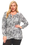 Women's Plus Size Long Sleeved Printed Tunic With Keyhole Front And Gold Clasp