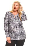 Women's Plus Size Long Sleeved Printed Tunic With Keyhole Front And Gold Clasp