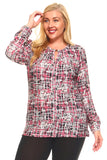 Women's Plus Size Long Sleeved Printed Tunic With Keyhole Front And Gold Clasp