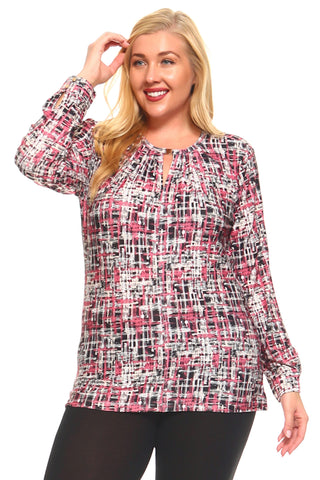 Women's Plus Size Long Sleeved Printed Tunic With Keyhole Front And Gold Clasp