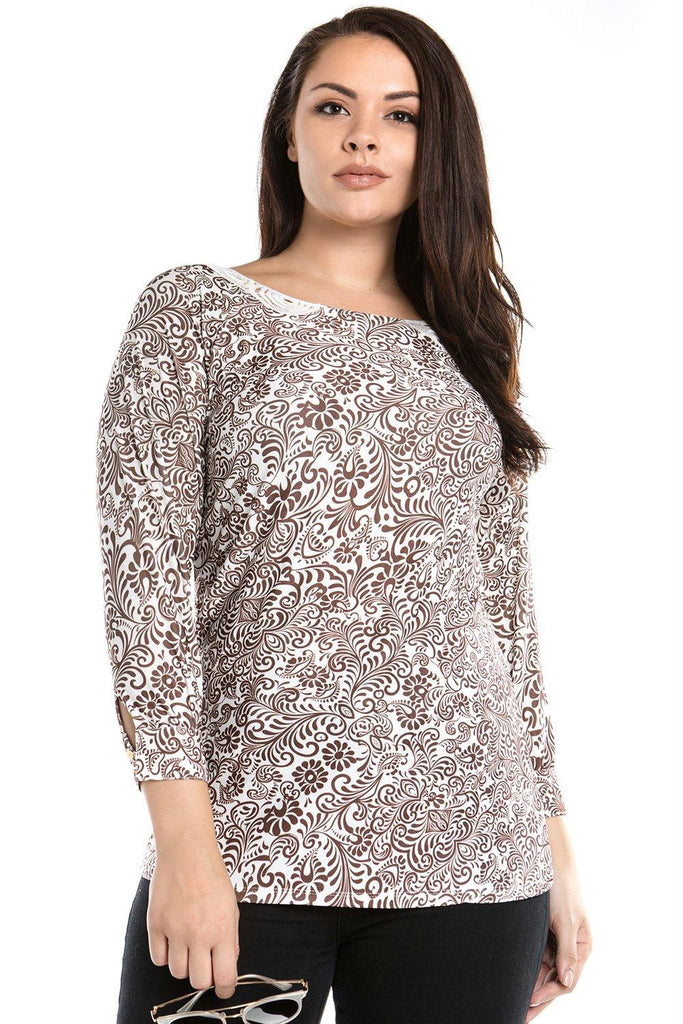 Women's Plus Size Printed Long Sleeved Tunic With Crochet Collar