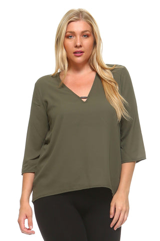 Women's Plus Size 3/4 Three Quarter V-Neck Blouse