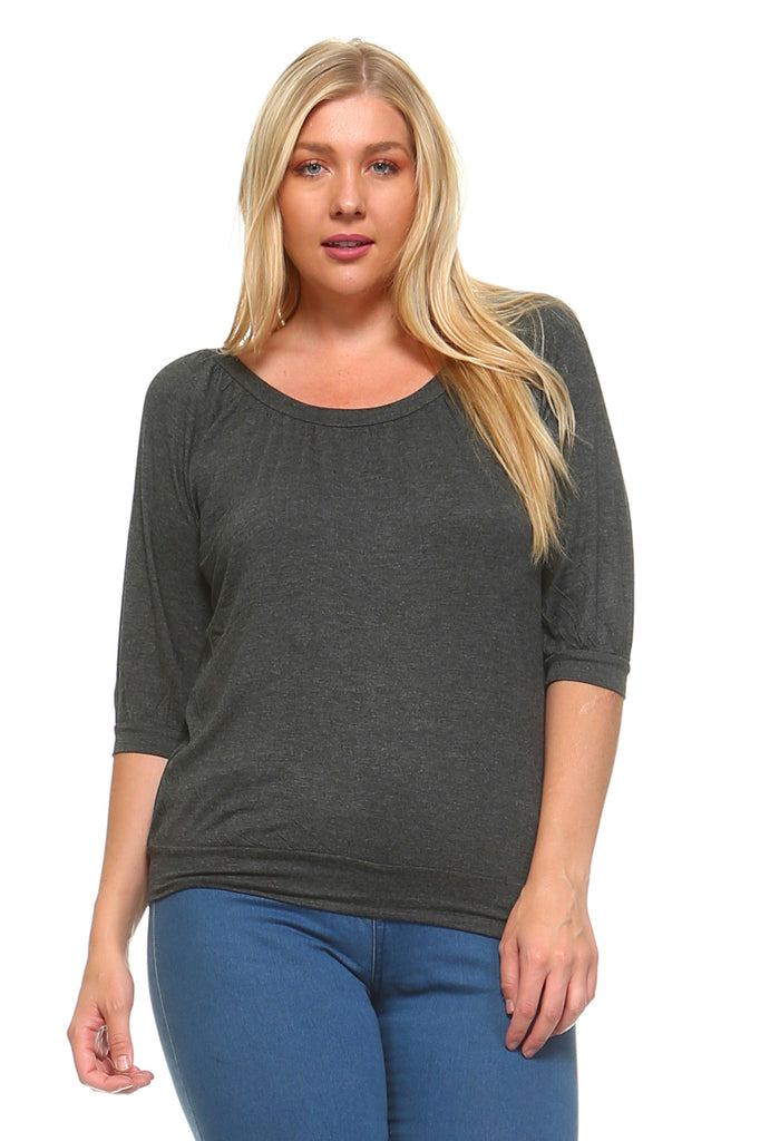 Women's Plus Size 3/4 Three Quarter Elastic Scoop Top
