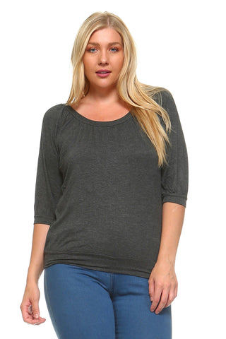Women's Plus Size 3/4 Three Quarter Elastic Scoop Top